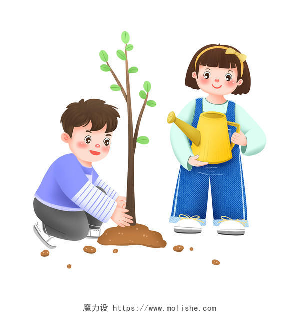 彩色手绘卡通小清新儿童种植种树植树植树节元素PNG素材